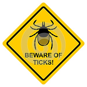 Beware of ticks! Yellow warning sign. Vector illustration. Warning of the infection risk from a tick bite. Black mite isolated on