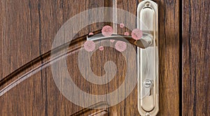 Beware of viruses. Door handle with pathogenic microorganisms, creative collage with copy space. Panorama