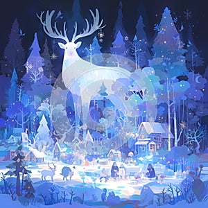 Bewitching Winter Fantasy - Enchanted Deer Forest Illustration