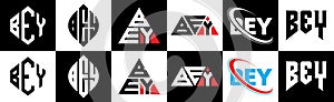 BEY letter logo design in six style. BEY polygon, circle, triangle, hexagon, flat and simple style with black and white color