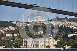 Beylerbeyi Palace, Camlica mosque and Bosphorus strait. Istanbul, Turkey