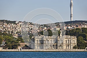 Beylerbeyi Palace, comunication tower and Bosphorus strait. Istanbul, Turkey photo