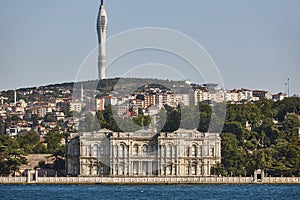 Beylerbeyi Palace, comunication tower and Bosphorus strait. Istanbul, Turkey photo