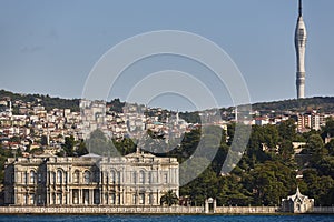 Beylerbeyi Palace, comunication tower and Bosphorus strait. Istanbul, Turkey photo