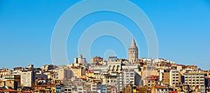 Beyoglu district historic architecture and Galata tower medieval landmark in Istanbul, Turkey