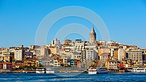 Beyoglu district historic architecture and Galata tower medieval landmark in Istanbul, Turkey