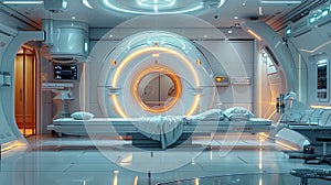 Beyond the bounds of today, a medical facility of the future gleams with advanced robotic equ