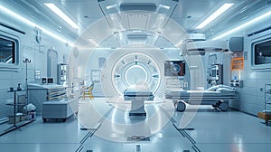 Beyond the bounds of today, a medical facility of the future gleams with advanced robotic equipme