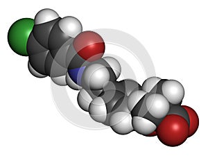 Bezafibrate hyperlipidemia drug molecule (fibrate class). 3D rendering. Atoms are represented as spheres with conventional color photo