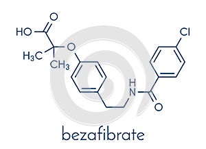 Bezafibrate hyperlipidemia drug molecule fibrate class. Skeletal formula. photo