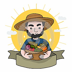 Famer with fruit and vegetable basket cartoon label logo doodle style photo