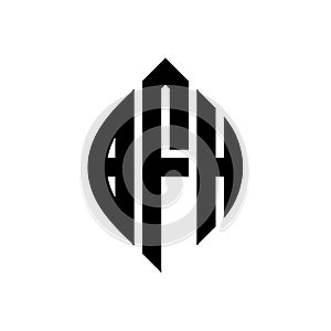 BFH circle letter logo design with circle and ellipse shape. BFH ellipse letters with typographic style. The three initials form a