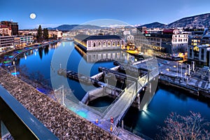 BFM, cathedral tower and Rhone river, Geneva