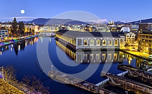 BFM, cathedral tower and Rhone river, Geneva