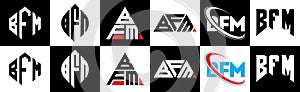 BFM letter logo design in six style. BFM polygon, circle, triangle, hexagon, flat and simple style with black and white color