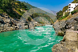 Bhagirathi River flows at Dev Prayag in Uttarakhand, India.