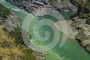 Bhagirathi river from left side and Alakananda river with turquoise blue colour from right side converge at Devprayag,Holy