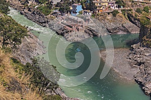 Bhagirathi river from left side and Alakananda river with turquoise blue colour from right side converge at Devprayag,Holy