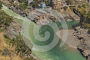 Bhagirathi river from left side and Alakananda river with turquoise blue colour from right side converge at Devprayag,Holy