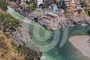 Bhagirathi river from left side and Alakananda river with turquoise blue colour from right side converge at Devprayag,Holy