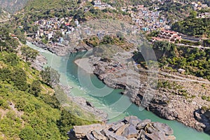 Bhagirathi river from left side and Alakananda river with turquoise blue colour from right side converge at Devprayag,Holy