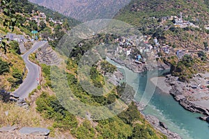 Bhagirathi river from left side and Alakananda river with turquoise blue colour from right side converge at Devprayag,Holy