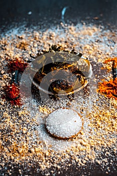 Bhareli bhinid or fried okra in a glass plate on wooden surface along with its entire raw ingredients and spices.