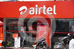 Bharti Airtel Shop Front. Airtel distributor storefront. Udaipur India - May 2020 RIY