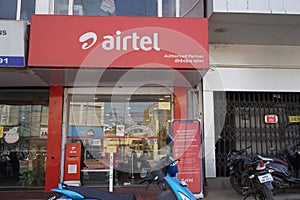 Bharti Airtel Shop Front. Airtel distributor storefront. Udaipur India - May 2020 SDA