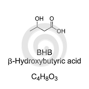 BHB, beta-Hydroxybutyric acid, chemical formula and skeletal structure photo