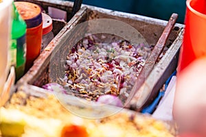 Bhelpuri is a savoury snack, and is also a type of chaat. It is made of puffed rice, vegetables and a tangy tamarind sauce.