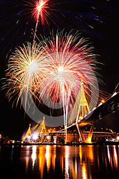 Bhumibol Bridge with fireworks