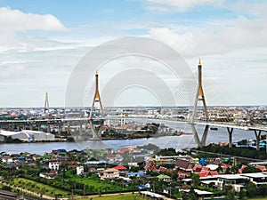 Bhumibol Bridge with river, cityscape view and cloudy blue sky in the morning