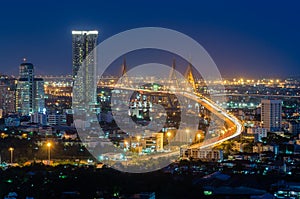 Bhumibol Bridge in Thailand top view at night