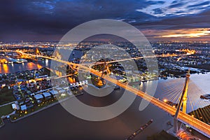 Bhumibol Suspension Bridge in twilight