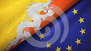 Bhutan and European Union two flags textile cloth, fabric texture