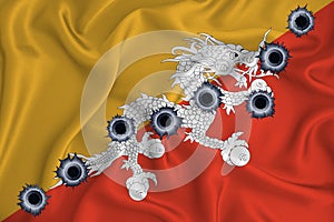 Bhutan flag Close-up shot on waving background texture with bullet holes. The concept of design solutions. 3d rendering