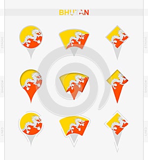 Bhutan flag, set of location pin icons of Bhutan flag