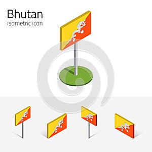 Bhutan flag, vector set of 3D isometric flat icons
