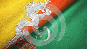 Bhutan and Turkmenistan two flags textile cloth, fabric texture