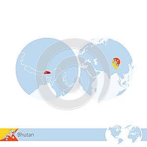 Bhutan on world globe with flag and regional map of Bhutan