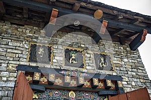 Bhutanese arts and religious carving at the entrance of National Memorial Chorten, Thimphu, Bhutan