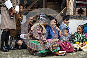 Bhutanese Cham masked dance, comedian, joker , Tamshing Goemba, Bumthang, central Bhutan.