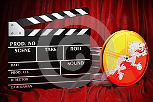 Bhutanese cinematography, film industry, cinema in Bhutan. Clapperboard with and film reels on the red fabric, 3D rendering