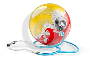 Bhutanese flag with stethoscope. Health care in Bhutan concept, 3D rendering