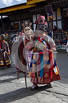 Bhutanese mask dance , Lord of Underworld and his followers ,  Bumthang, central Bhutan.
