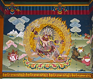 Hayagriva, wrathful form of Avalokitesvara, wall painting of Trashi Chhoe Dzong , Thimphu , Bhutan