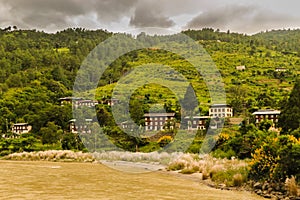 Bhutanese village near the river at Punakha, Bhutan