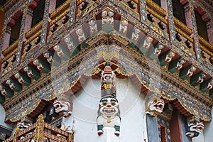 Bhutanese wooden carving cornice of monastery , snow lions , Bhutan