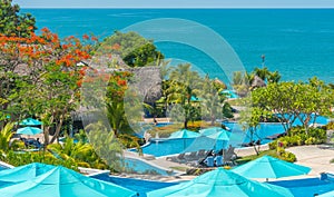 Beautiful view from the balcony to the beach and sea at a Beach resort.